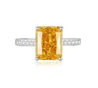 Anello nuziale con moissanite, da donna, con pietra preziosa rettangolare da 8 x 10 mm e moissanite 9 K/14 K/18 K, oro bianco/argento platino Pt950, 45 (14.3), Oro bianco 9 carati (375), Citrino