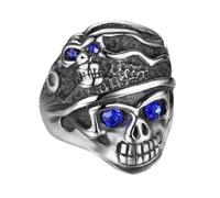 Anello Occhi Teschio Blu CZ per Uomini Gotico Punk Doppio Cranio Testa Anello Blu Cristallo Teschio Occhi Gioielli, Acciaio inossidabile, Nessuna pietra preziosa