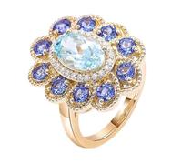 Anello Oro 375, Anelli Fidanzamento Donna Azzurro Chiaro 2 Carati Acquamarina Fiore Oro Giallo 9K con Zaffiro Creato Gioielli Di Moda Misura 27