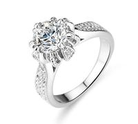 Anello per matrimonio, da donna, con dito indice a forma di fiore, a quattro punte, con 1 ct, moissanite in argento bianco 18 carati, misura 45 (14,3)