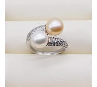 Anello Per Perle Da Donna Regolabile - Anelli A Fascia Aperta Con Doppia Perla Rotonda D'Acqua Dolce, S925 Gioielli Fatti A Mano Regalo Per Fidanzamento Di Natale Regalo Di Tendenza Di Compleanno,Bi