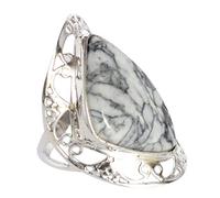 Anello pinolite in argento Sterling 925 con cabochon a pera, 26 x 15 mm, con pietra preziosa naturale grigio bianco, fatto a mano, gioielli bohémien per donne, regalo per cocktail K 1/2, 51 (16,2)