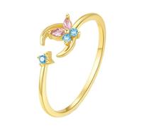 Anello promise, anello di fidanzamento, anello aperto con stella di luna e farfalla, regolabile con taglio marchese rosa, gemma artificiale in oro giallo, oro giallo 9 K, Gemme artificiali.