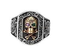Anello regolabile da uomo in argento sterling con teschio, anello da uomo in argento sterling S925 con motivo floreale vintage regolabile (adatto per taglie USA 9-11)