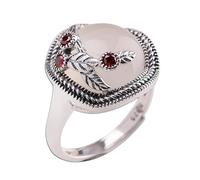Anello regolabile in argento in argento sterling per donne, foglie di zircone in difficoltà retrò intarsiate di gioielli a fascia di calcedy bianca per il regalo di circet per le dita eternità del