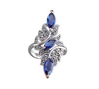 Anello regolabile in argento in argento sterling per le donne, esagerare con foglie di grandi dimensioni intarsiate blu marciali zircone a banda zircone gioielli per la festa di nozze regalo dita