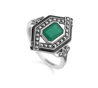 Anello Rombo In Calcedonio, Smalto E Marcasite Ispirato All'Art Deco