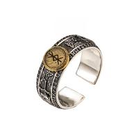 Anello Runico Vichingo In Argento 925, Rame - Gioielli Norreni Regolabili per Uomo, Anello Mignolo da Guerriero Medievale, Regalo Runico Unisex(Protection,M)