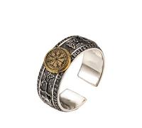Anello Runico Vichingo In Argento 925, Rame - Gioielli Norreni Regolabili per Uomo, Anello Mignolo da Guerriero Medievale, Regalo Runico Unisex(Compass,S)