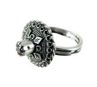 Anello sardo bottone argento brunito con pietra rosso centrale Gioiello Sardegna