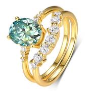 Anello semplice, anelli dell'amicizia, set da 2 anelli con taglio ovale verde, 2 ct, moissanite in oro giallo 14 carati, misura 52 (16,6)