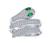 Anello Serpente a Forma di Serpente Stile Egiziano Esotico Formale CZ Micro Pavé con Occhio Verde Smeraldo Simulato Avvolgente Impilabile Bypass Ampio Statement per Donne Aperto Regolabile in Argento