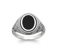 Anello Signet Uomo Cabochon Agata Nera Argento 925 Invecchiato Taglie 58 A 66