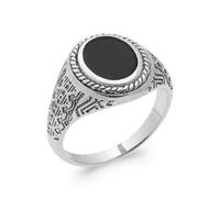 Anello Signet Uomo Cabochon Agata Nera Argento 925 Invecchiato Taglie 58 A 70