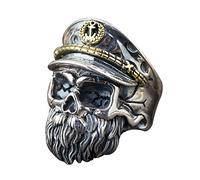 Anello teschio barbuto con il cappello in argento sterling 925 nero per uomo donna regolabile
