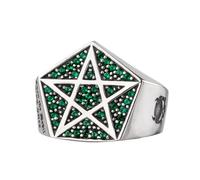 Anello Teschio Pentagramma in Argento Sterling 925 con Smeraldo - Anello Occulto Gotico Regolabile per Uomini, Gioiello Dark Vintage per Dito Indice Mignolo(Green)