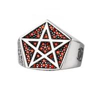 Anello Teschio Pentagramma in Argento Sterling 925 con Smeraldo - Anello Occulto Gotico Regolabile per Uomini, Gioiello Dark Vintage per Dito Indice Mignolo(Red)