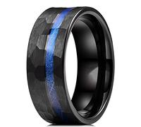 Anello Unico in Acciaio Inossidabile martellato Nero da Uomo 8MM intarsio Legno Tinto Blu Anello di Fidanzamento da Uomo Multi-sfaccettato Anello di Fidanzamento da Uomo