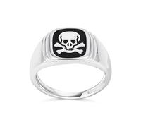 Anello Unisex Elegante Con Incisione Di Teschio E Ossa Incrociate In Gemma Di Onice Nera Piatta Classico E Di Dichiarazione Per Donne E Uomini In Argento Sterling .925