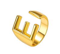 Anello unisex placcato in oro 18K con grande lettera dell'alfabeto per iniziale del nome, dalla A alla Z, regolabile e Rame, colore: E, cod. LR8599K-UK