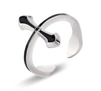Anello vintage in argento placcato in oro bianco 14 carati con croce smaltata nera, anello vintage punk aperto regolabile in ossido di zirconio, anello religioso alla moda, regalo da uomo in ottone