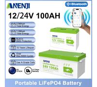 ANENJI 12V/24V 100Ah Li-FePO4 Batteria Bluetooth incorporata Celle di grado A Ricaricabile BMS integrato 6000 Cicli per l'energia domestica