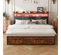 Aneutr Letto 160 x 200 con rete metallica, letto 2 posti con illuminazione a LED e testa Delit capitonné con ripostiglio, letti 2 persone con 4 cassetti, nero PU (nero + marrone, 160 x 200)
