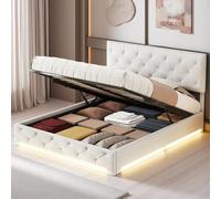 Aneutr Letto con cassetta, letto imbottito 140 x 200 cm, con vano portaoggetti idraulico, letto matrimoniale con vano portaoggetti e rete a doghe, letto con testiera a LED imbottita, letto per ragazzi