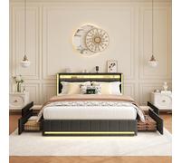 Aneutr Letto imbottito 140 x 200 cm, letto 140 x 200 cm, con vano portaoggetti, letto matrimoniale a LED con 4 cassetti e doghe a doghe, testiera con funzione di ricarica USB, letto funzionale, letto