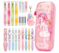 Anfirst Set Cancelleria Unicorno Bambina, Unicorno Regalo Bambina 5 6 7 8 9 Anni Femmina, Kit Cancelleria con Astuccio, 4 Evidenziatore, 4 Penna Gel & 4 Portamine, Rosa