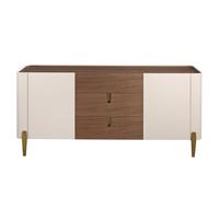 ANGEL CERDÁ - Credenza Moderna con 3 Cassetti e 2 Ante - 145 x 45 x 80 cm - Piano in Noce Naturale, Struttura in MDF Laccato Beige e Dettagli in Acciaio Lucidato Dorato