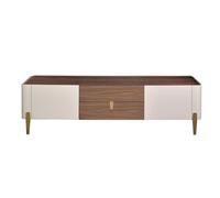 ANGEL CERDÁ - Mobile TV Moderno con 2 Cassetti e 2 Ante - 160 x 45 x 60 cm - Piano in Noce Naturale, Struttura in MDF Laccato Beige e Dettagli in Acciaio Lucidato Dorato