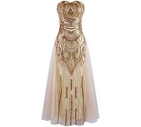Angel-fashions Abito da Banchetto da Donna Senza Spalline con Paillettes a Rete e Lacci Champagne Oro 46