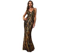 Angel-fashions Abito da sera da donna con paillettes e scollo a V e rami di albero, tulle, schiena scoperta, con lacci, a sirena, Oro, 54
