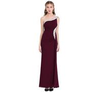 Angel-fashions Abito da Sera Una Spalla Morbido da Donna con Nastro Increspato e Bordatura Vino Rosso 44
