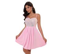 Angel-fashions Donna Abito da Ritorno a Casa Elegante con Paillettes Rosa Scollatura a Cuore Abito da Ospite di Matrimonio Abiti da Ballo Corti a Linea A Size 40