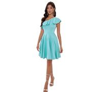 Angel Fashions Elegante Abito da Cocktail Blu Chiaro Monospalla per Le Donne Midi Formale A-Line Dress Ruffles Wedding Guest Dress, Azzurro Chiaro, 48