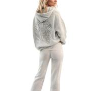 Angel Hoodie - Tuta da donna con cappuccio, con ali d'angelo in strass e tasche, foderata in pelliccia a due pezzi, tuta sportiva da donna calda, grigio, L