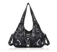 Angel Kiss Borsa a tracolla da donna Hobo Borsa a tracolla con manici, in morbida pelle PU con strappi, molti scomparti per donne, Moda Nero Grigio, 29cm x 13cm x 21cm, Alla moda