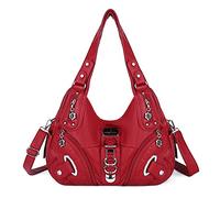 Angel Kiss Women Multiple Pockets Purses and Handbags Washed Leather, Two Top Zippers Closure, Red