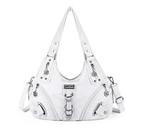 Angel Kiss Women Multiple Pockets Purses and Handbags Washed Leather, Two Top Zippers Closure, White
