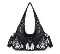 Angelkiss Women Multiple Pockets Purses and Handbags Washed Leather, Two Top Zippers Closure, Z-black