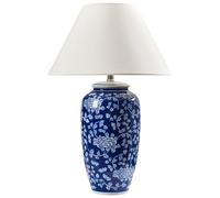 Beliani Lampada da tavolo elegante con design floreale, base in porcellana, paralume cilindrico in lino del blu e bianco