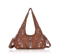 Angelkiss Women Multiple Pockets Purses and Handbags Washed Leather, Two Top Zippers Closure, Brown