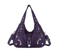 Angelkiss Women Multiple Pockets Purses and Handbags Washed Leather, Two Top Zippers Closure, Purple