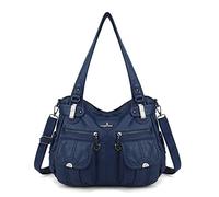 Angelkiss Women's Designer Handbag Large Double Zipper Multi Pocket Washed, Blue