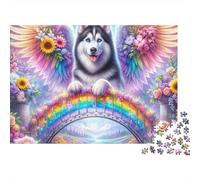 Angelo Cane Ponte dell'Arcobaleno Puzzle da 1000 Pezzi per Adulti, Husky, Ali Arcobaleno, Fiori, Premium, Spesso, Resistente, Vivace, Stimolante, Antistress, Regalo 70x50cm/1000pz