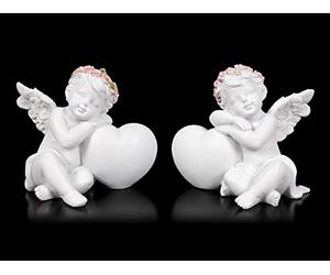 Angelo Fantasy Statue - Putti con Cuore - 2er Set Elfo, Fata, Scultura, Statua, Angelo Custode, H 7 + 7,5 CM