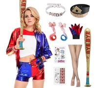 Angenster Quinn Costume Set, Costume di Halloween Harley Costume con Giacca T-Shirt Pantaloncini Guanti Parrucca Cintura Calze a Rete Palloncino Tatuaggio, Joker Costume per Carnevale (Donna, XXL)