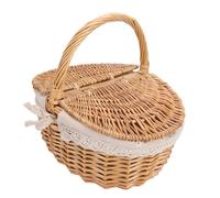 ANGGREK Cesto di Vimini Naturale per Picnic con Fodera in Lino e Cotone, Coperchio Doppio Rimovibile e Manico Rotondo, per Campeggio e Raccolta di Verdure (margherita)